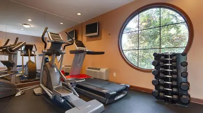 a gym with cardio equipment and a large window at Best Western Plus The Inn & Suites at the Falls in Poughkeepsie
