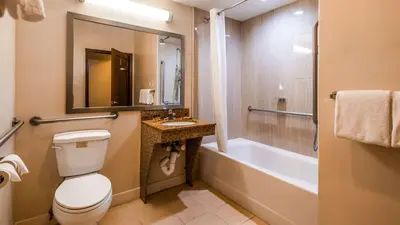 a bathroom with a toilet and a tub and a sink at Best Western Plus The Inn & Suites at the Falls in Poughkeepsie