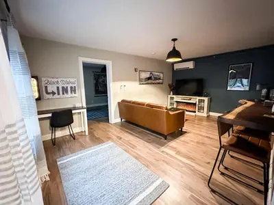 a living room with a couch and a television at The Black Walnut Inn in Amherst