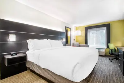a hotel room with a large bed and a desk at Holiday Inn Express & Suites - Albany Airport - Wolf Road by IHG in Albany