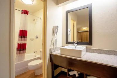 a bathroom with a sink and a toilet and a mirror at Red Roof Inn PLUS+ West Springfield in Springfield