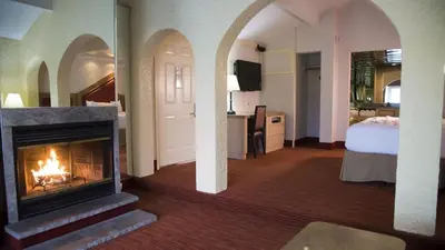a living room with a fireplace and a bedroom at Paradise Stream Resort in Cresco