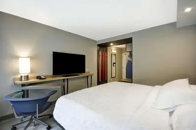 a bedroom with a bed and a desk and a tv at Tru By Hilton Chicopee Springfield in Chicopee