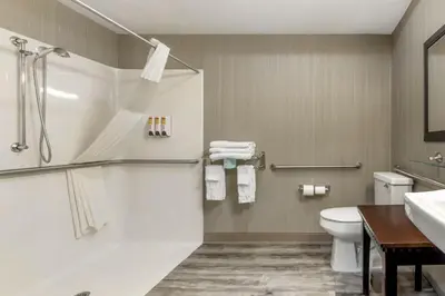 a bathroom with a shower and a toilet and a sink at Best Western Plus Berkshire Hills Inn & Suites in Pittsfield