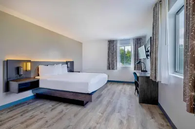 a hotel room with a large bed and a desk at Motel 6 Bethel, CT - Danbury in Bethel