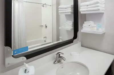 a bathroom with a sink and a shower and a mirror at Hampton Inn & Suites Teaneck/Glenpointe in Teaneck