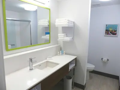 a bathroom with a sink and a mirror and a toilet at Hampton Inn By Hilton Paramus in Paramus