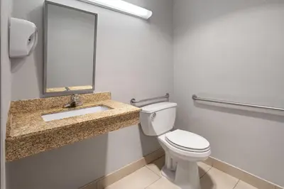 a bathroom with a white toilet and a sink at Microtel Inn by Wyndham - Albany Airport in Latham
