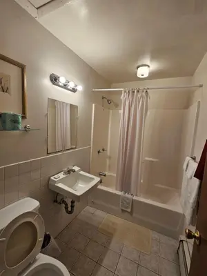 a bathroom with a toilet and a sink and a shower at Alpenhaus Motel in Queensbury