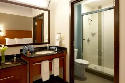 a bathroom with a sink and a toilet and a shower at Hyatt Place Saratoga/Malta in Malta