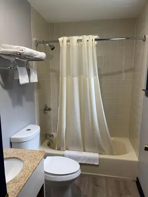 a bathroom with a shower curtain and a toilet at Golden Hill Inn-Danbury in Danbury