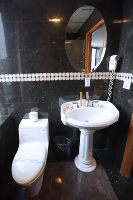 a bathroom with a toilet and a sink and a mirror at Paris Suites Hotel in Queens