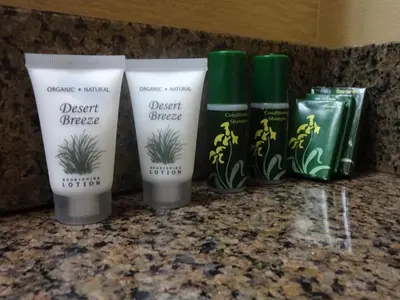 a group of four products sitting on a counter at Sheridan Hotel in Bronx