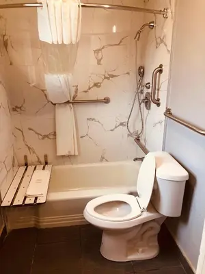 a bathroom with a toilet and a bath tub at Berkshire Inn in Pittsfield
