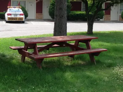 a wooden picnic table sitting in the grass next to a tree at Berkshire Inn in Pittsfield