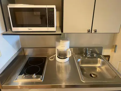 a kitchen counter with a sink and a microwave at August Lodge Cooperstown in Hartwick Seminary