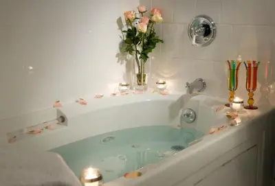 a bath tub with a vase of flowers in it at Hampton Terrace Inn in Lenox