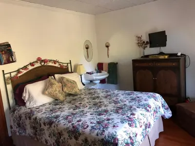 a bedroom with a bed and a sink and a television at Antique Rose Inn Windham in Windham
