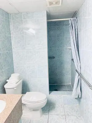 a bathroom with a toilet and a shower at Tides Inn at Stehli Beach in Locust Valley