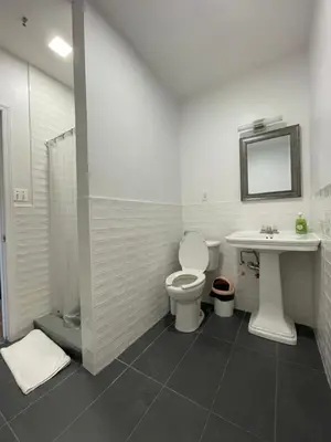 a bathroom with a toilet and a sink and a mirror at NY Moore Hostel in Brooklyn
