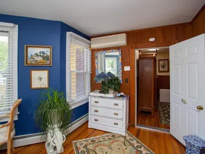 a blue room with a white dresser and windows at Fairlawn Inn in Hunter