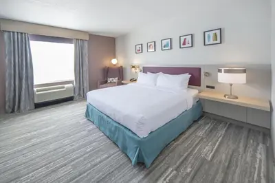 a hotel room with a large bed and a window at Hilton Garden Inn Clifton Park in Clifton Park