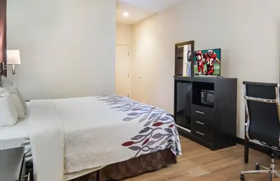 a bedroom with a bed and a desk and a chair at Red Roof Inn Binghamton North in Binghamton