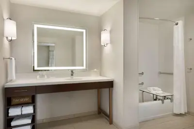 a bathroom with a sink and a mirror and a shower at Homewood Suites by Hilton Albany Crossgates Mall in Albany