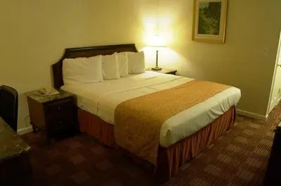 a hotel room with a large bed and a lamp at Waterford Inn in Waterford