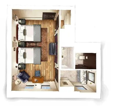a rendering of a floor plan of a room at The Ned NoMad in New York