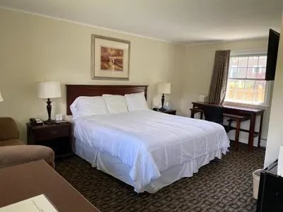 a hotel room with a large bed and a desk at Villager Motel in Williamstown