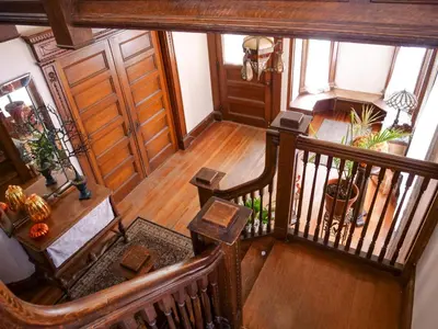 an overhead view of a staircase in a house at Shadowcrest in Fleischmanns