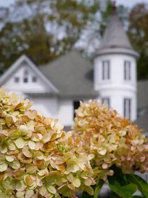 a white house with a tower in the background at Shadowcrest in Fleischmanns