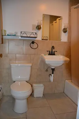 a bathroom with a toilet and a sink at The Village Motel in Richfield Springs