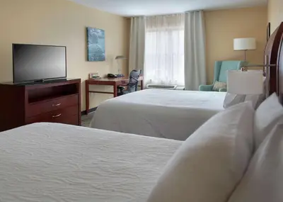 a hotel room with two beds and a flat screen tv at Hilton Garden Inn Albany Medical Center in Albany