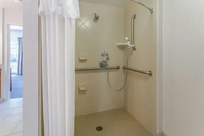 a bathroom with a shower with a shower curtain at Homewood Suites by Hilton Albany in Albany