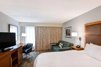 a hotel room with a bed and a couch and a television at Hampton Inn Albany-Wolf Road in Albany