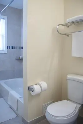 a bathroom with a toilet and a bath tub at Rodeway Inn in Adams