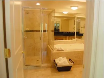 a bathroom with a shower and a sink at Inn at Arbor Ridge Hotel and Conference Center in Hopewell Junction