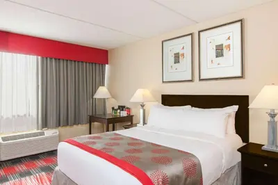 a hotel room with a large bed and a window at Albany Plaza Hotel in Albany