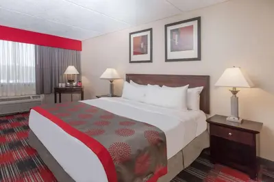 a hotel room with a large bed and two lamps at Albany Plaza Hotel in Albany