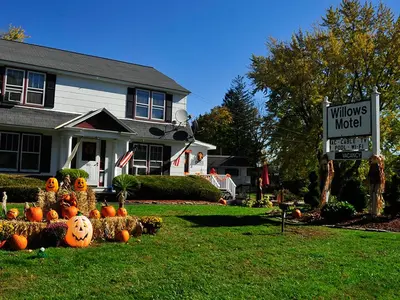 a house with pumpkins and a sign in the yard at Willows Motel in Williamstown