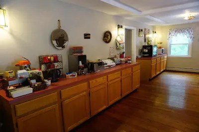 a kitchen with wooden cabinets and a counter at Stay Berkshires in Williamstown