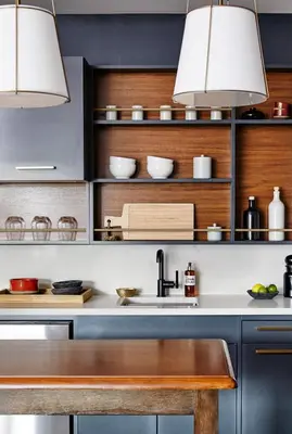 a kitchen with two pendant lights and a sink at The Blake Hotel in New Haven