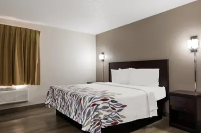 a hotel room with a bed and a window at Red Roof Inn Hartford- New Britain in New Britain