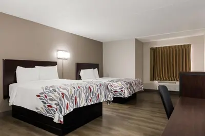 a hotel room with a bed and a window at Red Roof Inn Hartford- New Britain in New Britain