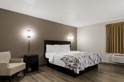 a hotel room with a bed and a chair at Red Roof Inn Hartford- New Britain in New Britain
