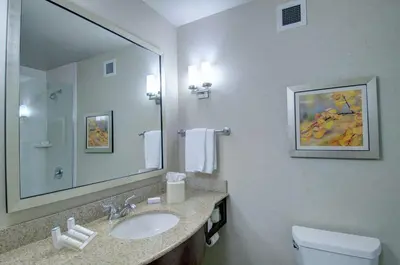 a bathroom with a sink and a mirror and a toilet at Hilton Garden Inn Norwalk in Norwalk