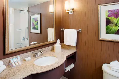 a bathroom with a sink and a mirror and a toilet at Hilton Garden Inn Hartford North-Bradley International Airport in Windsor