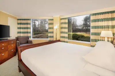 a bedroom with a bed and a large window at DoubleTree by Hilton Stamford in Stamford